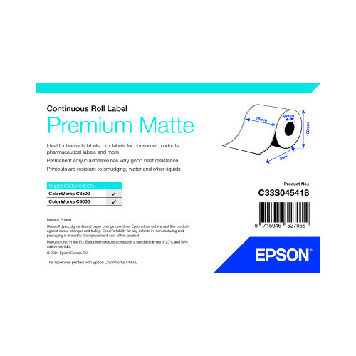 Premium Matte Label - Continuous Roll: 76mm x 35m