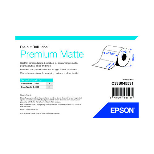 Premium Matte Label - Die-cut Roll: 102mm x 51mm, 650 labels