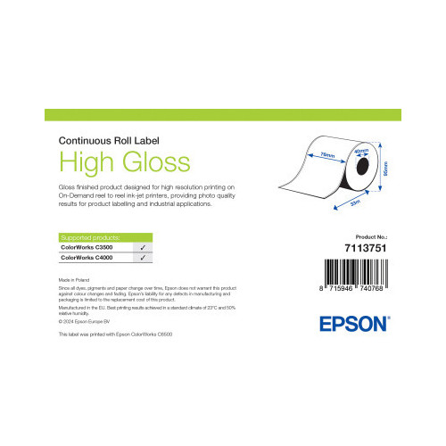 High Gloss Label, Continuous Roll, 76mm x 33m