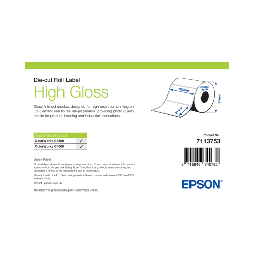 High Gloss Label, Die-Cut Roll, 102mm x 51mm, 610 Labels